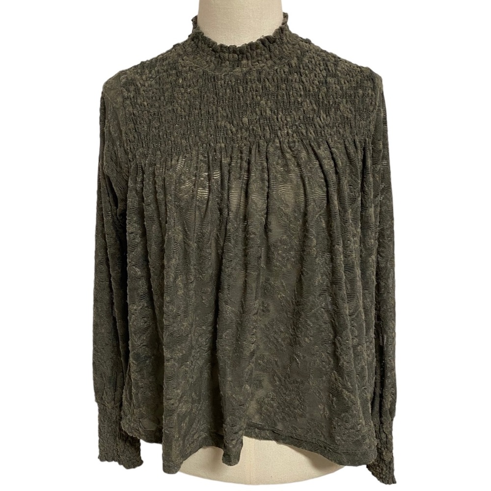 Anthropologie Deletta olive green smocked‎ lace long sleeve top xs
